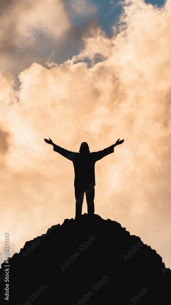 A serene image of a radiant sky filled with soft glowing light where a cross stands tall on a hilltop symbolizing love faith and salvation In the foreground a gentle depiction of Jesus Christ with ope A serene image of a radiant sky filled with soft glowing light where a cross stands tall on a hilltop symbolizing love faith and salvation In the foreground a gentle depiction of Jesus Christ with ope