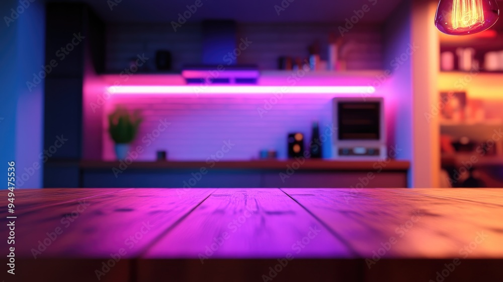 3D rendering of a blurred home interior featuring a wooden table and space for showcasing living home appliances in an advertising montage 3D rendering of a blurred home interior featuring a wooden table and space for showcasing living home appliances in an advertising montage