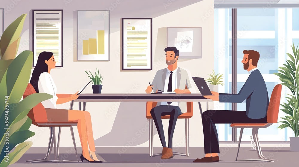 An insurance broker meeting with clients in a modern office, explaining various insurance options. An insurance broker meeting with clients in a modern office, explaining various insurance options.