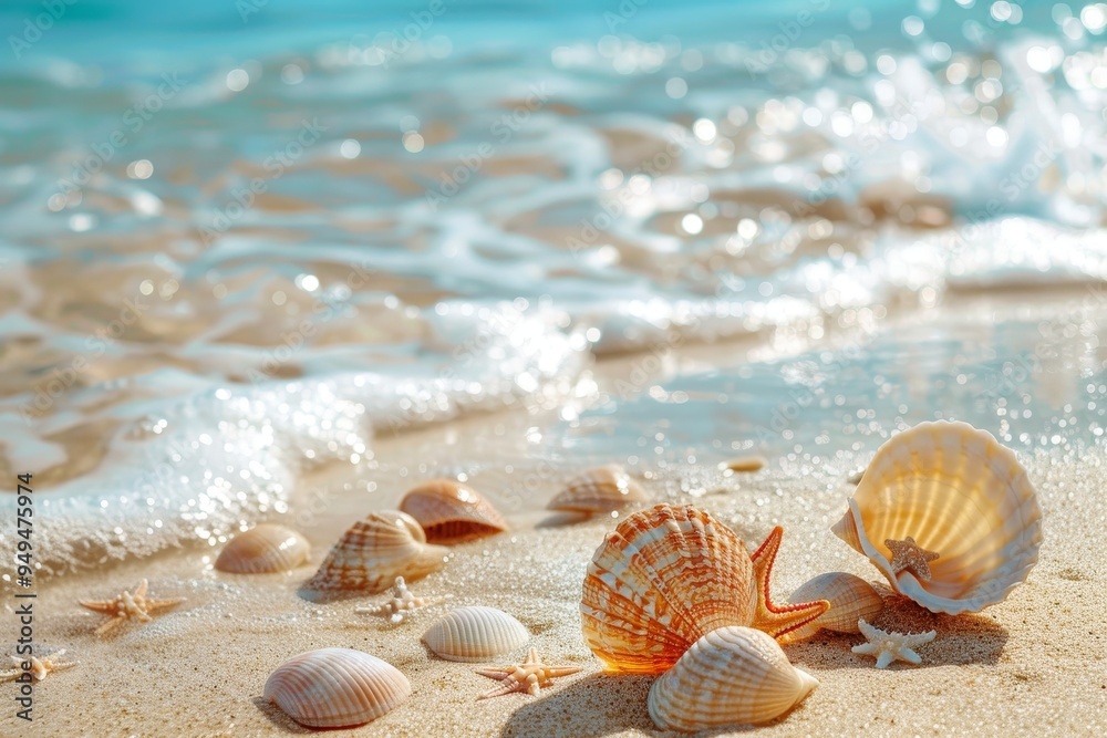 Various seashells washed up and scattered on a sandy beach near the ocean, Seashells scattered along the sandy beach Various seashells washed up and scattered on a sandy beach near the ocean, Seashells scattered along the sandy beach