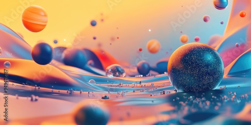 Fototapeta Naklejka Na Ścianę i Meble -  Geometry of virtual space in a 3D cartoon rendering This artistic colored abstraction features elements such as planets galaxies stars cosmos seas earth sunsets globes and abstract shapes