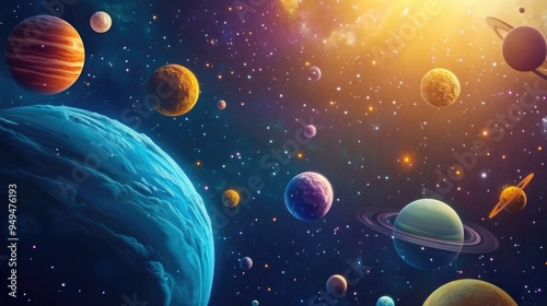 Fototapeta Naklejka Na Ścianę i Meble -  3D cartoon depiction of planets stars and galaxies in outer space showcasing the beauty of space exploration