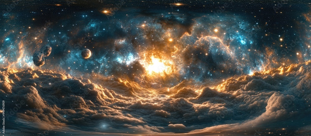 360 degree interstellar cloud of dust and gas depicted in 3D cartoon ...