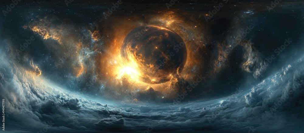 360 degree stellar system and gas nebula in a 3D cartoon rendering