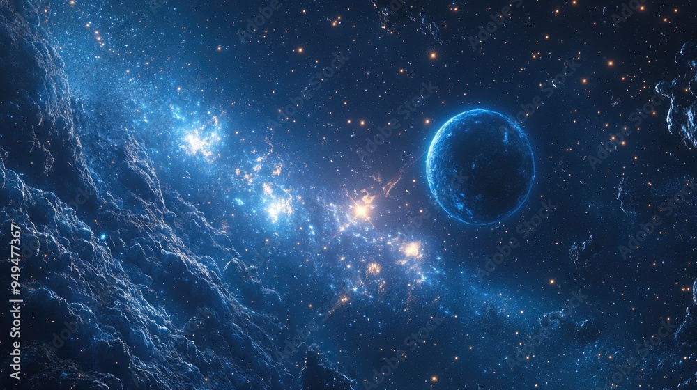Fototapeta premium 3D cartoon depiction featuring a 2D illustration A realistic backdrop of a starry pattern in empty interstellar space Brightly flashing stars planets and moons Various imaginative science fiction