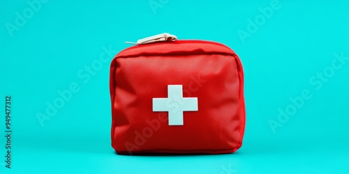 A vibrant red first aid kit with a white plus symbol on the lid positioned against a neutral background to emphasize its clarity and purpose