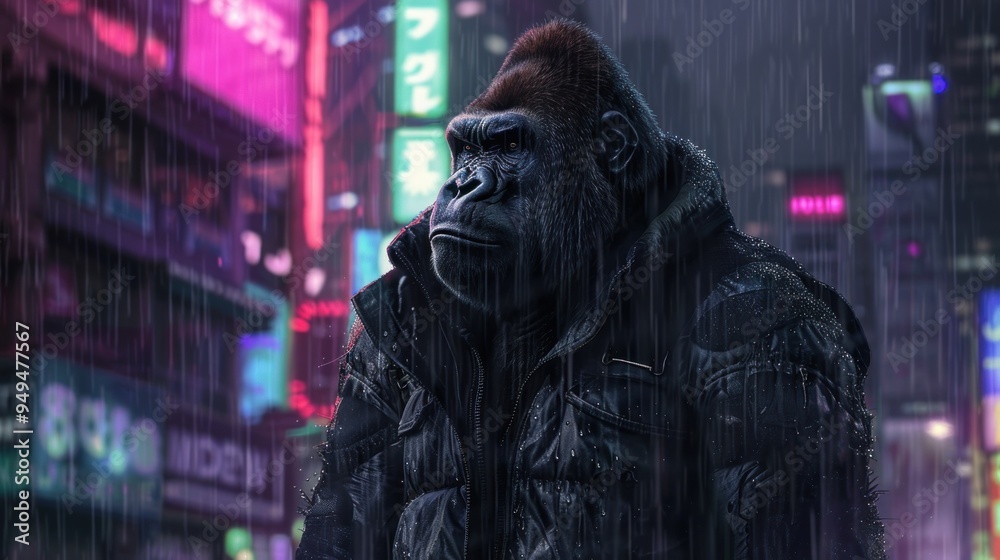 Scary gorilla standing in the rain in cyberpunk city. AI generated images