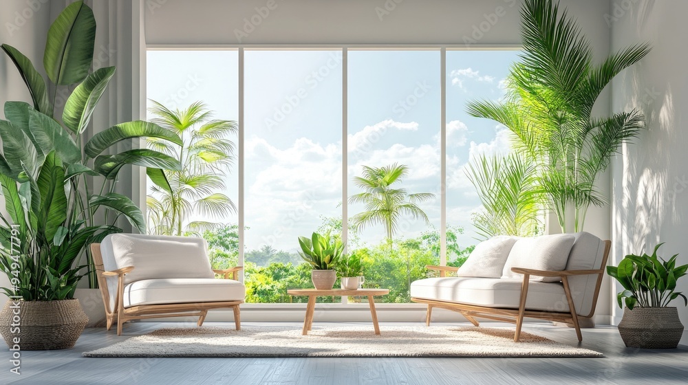Modern interior design featuring contemporary furniture and a summery landscape visible through the window 3D illustration Modern interior design featuring contemporary furniture and a summery landscape visible through the window 3D illustration