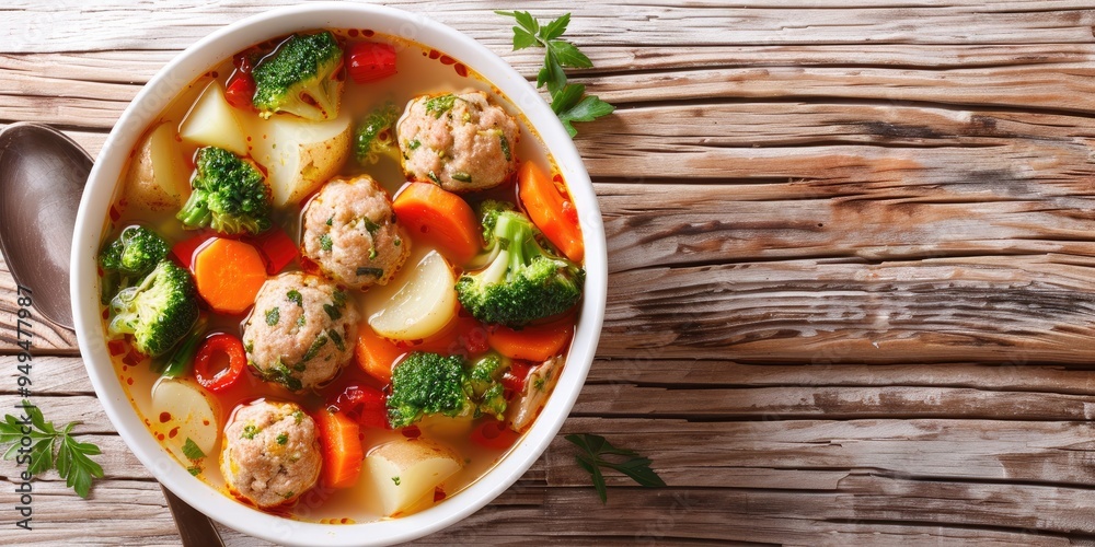 Chicken Meatball Soup featuring Broccoli, Potatoes, Bell Peppers, and Carrots served in a White Bowl on a Wooden Surface, Presented in a Horizontal Flat Lay Close-Up. Chicken Meatball Soup featuring Broccoli, Potatoes, Bell Peppers, and Carrots served in a White Bowl on a Wooden Surface, Presented in a Horizontal Flat Lay Close-Up.