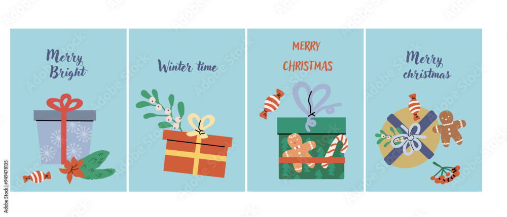 Cute Happy Holidays Xmas vertical cards set. Greeting card or banner with festive elements, cartoon characters. Decorative background for story or social media post. Christmas Hand drawn flat illustra Cute Happy Holidays Xmas vertical cards set. Greeting card or banner with festive elements, cartoon characters. Decorative background for story or social media post. Christmas Hand drawn flat illustra