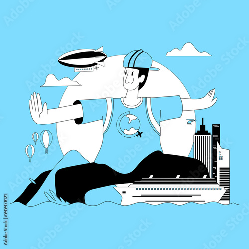 A traveler pose at sea, with a cruise ship, balloons, an airship, and a miniature city, in flat design style, symbolizing travel and transportation.