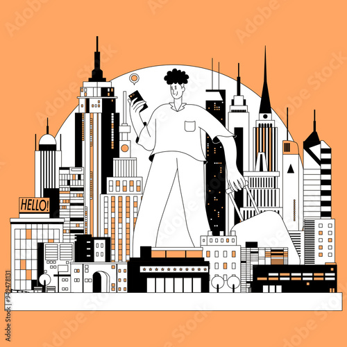A tourist searching for a location on a smartphone in a miniature city resembling New York, in a flat design style.