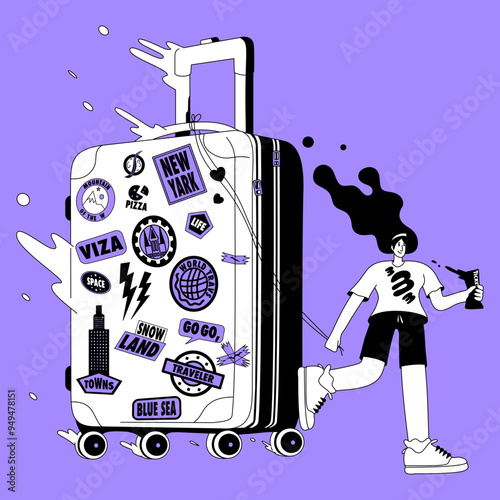 A woman dragging a giant suitcase, representing themes of travel, tourism, and transportation in a flat design style.