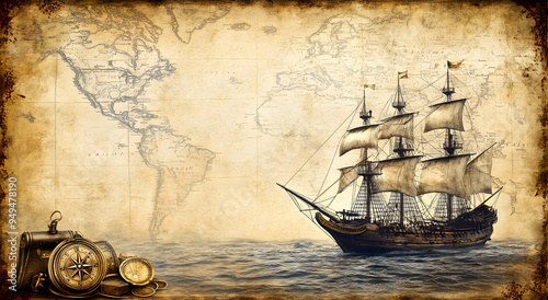 A Nautical-Themed Background Featuring an Old Map, Compass, and Ship Rope on a Rustic Wooden Surface, Perfectly Evoking the Spirit of Adventure, Exploration, and Maritime History, Ideal for Depicting 