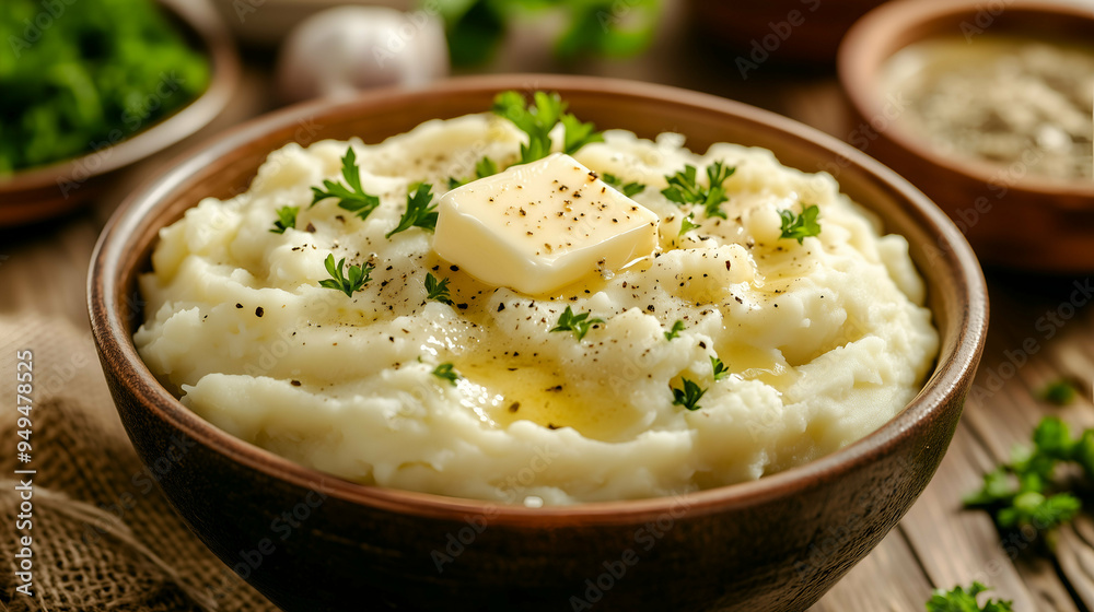 Creamy Mashed Potatoes with Butter and Parsley Garnish in Rustic Bowl - A bowl of creamy mashed potatoes topped with a pat of melting butter and sprinkled with fresh parsley and black pepper. Creamy Mashed Potatoes with Butter and Parsley Garnish in Rustic Bowl - A bowl of creamy mashed potatoes topped with a pat of melting butter and sprinkled with fresh parsley and black pepper.