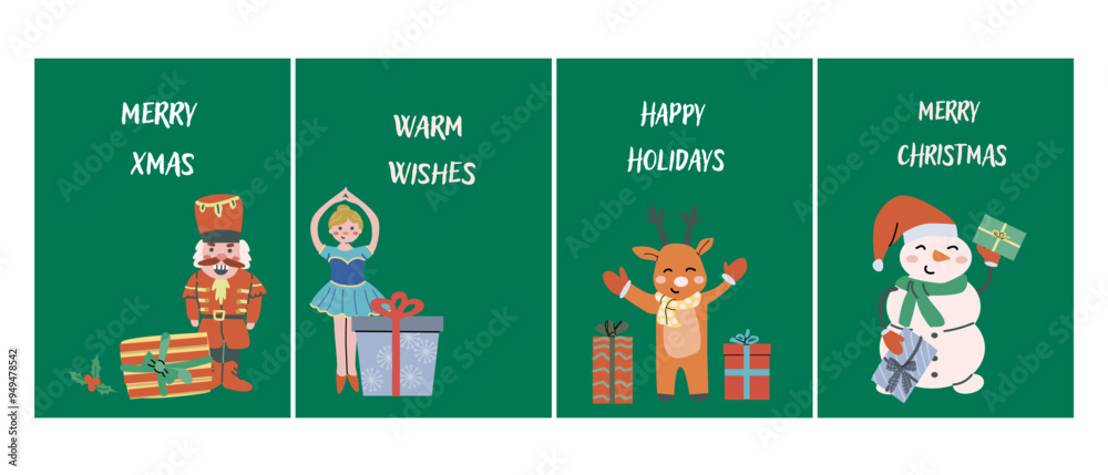 Cute Happy Holidays Xmas vertical cards set. Greeting card or banner with festive elements, cartoon characters. Decorative background for story or social media post. Christmas Hand drawn flat illustra Cute Happy Holidays Xmas vertical cards set. Greeting card or banner with festive elements, cartoon characters. Decorative background for story or social media post. Christmas Hand drawn flat illustra