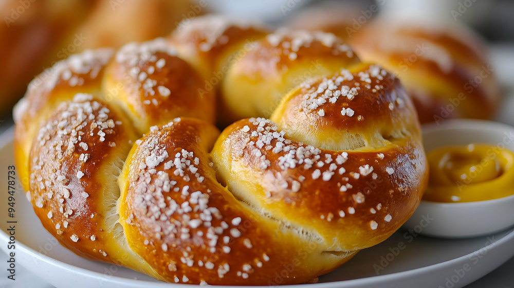 Freshly Baked Soft Pretzel with Coarse Salt and Mustard Dip Freshly Baked Soft Pretzel with Coarse Salt and Mustard Dip