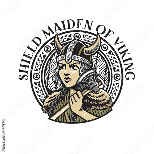 Viking girl label shield maiden holding ax