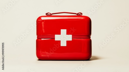 A vibrant red first aid kit with a white plus symbol on the lid positioned against a neutral background to emphasize its clarity and purpose