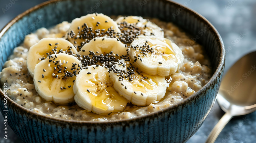 Creamy Oatmeal with Sliced Banana, Chia Seeds, and Honey Drizzle Creamy Oatmeal with Sliced Banana, Chia Seeds, and Honey Drizzle