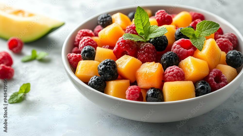 Fresh Mixed Berry and Melon Fruit Salad with Mint Fresh Mixed Berry and Melon Fruit Salad with Mint