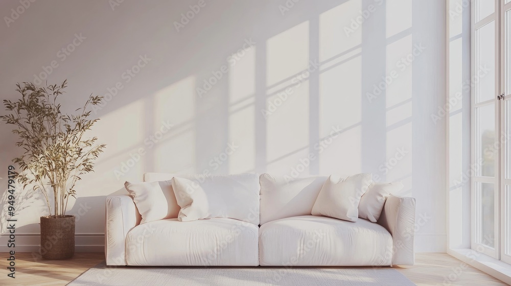 Minimalist living room featuring a sofa in a Scandinavian design style 3D rendering Minimalist living room featuring a sofa in a Scandinavian design style 3D rendering