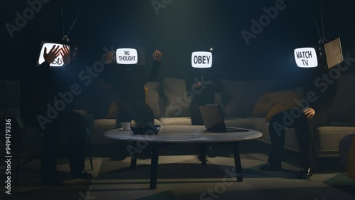 Men In A Dark Room With Tvs On Their Heads Conformist Words On The Screen, Animation