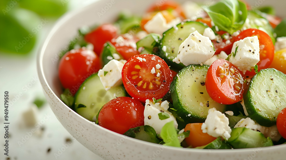 A vibrant Greek salad featuring fresh cucumbers, juicy cherry tomatoes, and creamy feta cheese, garnished with basil leaves and cracked black pepper. A vibrant Greek salad featuring fresh cucumbers, juicy cherry tomatoes, and creamy feta cheese, garnished with basil leaves and cracked black pepper.