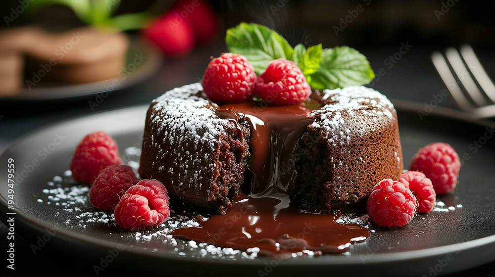 A luscious chocolate lava cake with a molten center, served warm with fresh raspberries and a sprinkle of powdered sugar. A luscious chocolate lava cake with a molten center, served warm with fresh raspberries and a sprinkle of powdered sugar.