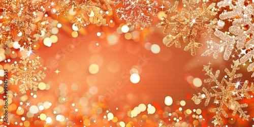 Festive orange Christmas background with sparkling gold sequins and snowflakes. Warm and joyful design.