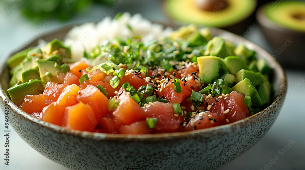 A vibrant poke bowl featuring diced salmon, ripe avocado, fluffy white rice, topped with green onions and sesame seeds. A vibrant poke bowl featuring diced salmon, ripe avocado, fluffy white rice, topped with green onions and sesame seeds.