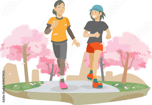 桜並木を走る女性達のイラスト