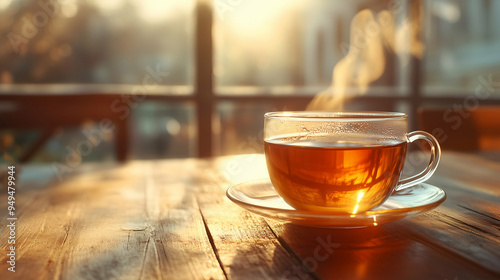 Steaming Hot Tea in a Clear Glass Cup on a Sunny Morning - A clear glass cup filled with steaming hot tea, capturing the golden hues of sunlight streaming in on a tranquil morning.