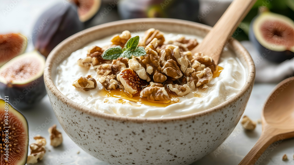 Creamy Greek yogurt topped with fresh figs, crunchy walnuts, and a drizzle of golden honey in a speckled ceramic bowl. Creamy Greek yogurt topped with fresh figs, crunchy walnuts, and a drizzle of golden honey in a speckled ceramic bowl.