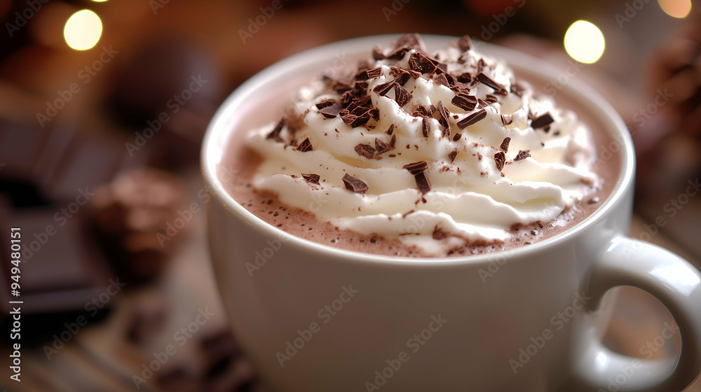 Hot Chocolate with Whipped Cream and Chocolate Shavings in a Mug - A warm and cozy mug of hot chocolate topped with fluffy whipped cream and sprinkled with chocolate shavings. Hot Chocolate with Whipped Cream and Chocolate Shavings in a Mug - A warm and cozy mug of hot chocolate topped with fluffy whipped cream and sprinkled with chocolate shavings.