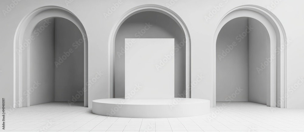 White cylindrical podium with a square and arch backdrop on a transparent background 3D render of an empty mockup White cylindrical podium with a square and arch backdrop on a transparent background 3D render of an empty mockup