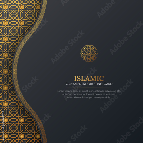Islamic ornamental dark luxury greeting card, social media post template with geometric border and pattern