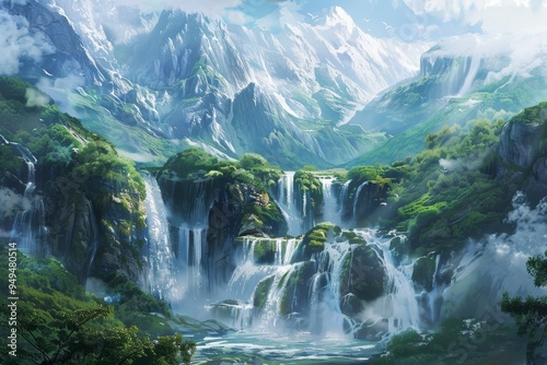 A painting depicting a waterfall cascading down a rocky mountain landscape, Serene mountain landscape with cascading waterfalls