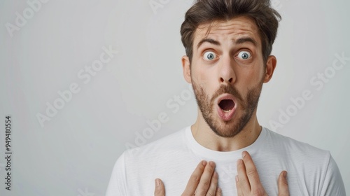 Surprised and Shocked man covering mouth with hands isolated photo