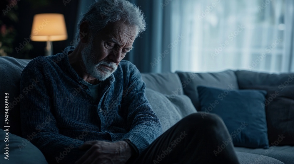 Depressed senior man sitting on armchair holding disposable cup of coffee and thinking. Frustrated retired man sitting on sofa. Sad mature man sitting alone at nursing home with sad expression. Depressed senior man sitting on armchair holding disposable cup of coffee and thinking. Frustrated retired man sitting on sofa. Sad mature man sitting alone at nursing home with sad expression.
