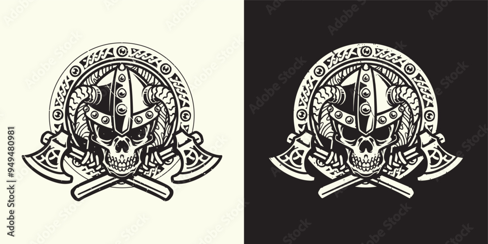 Obraz premium Viking head vintage label in monochrome style with ornament shield