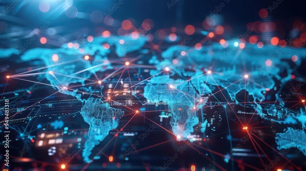 Fototapeta premium Against a digital backdrop, a world map illuminates the intricate connections of a global business network, showcasing the power of cyber technology