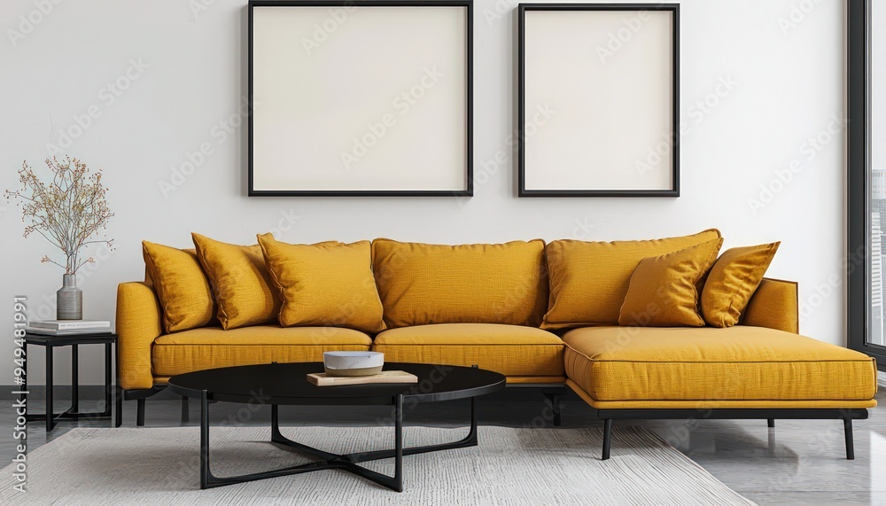 Lively living room with a sunflower sofa, jet black table, and decorative frames.