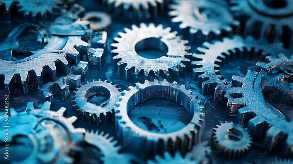 Blue Metal Gears Interlocking, Close Up Macro Blue Metal Gears Interlocking, Close Up Macro