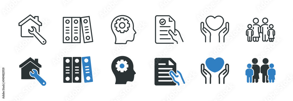 Naklejka premium Social policy line and glyph solid icons collection. Minimal icon and symbol series vector illustration