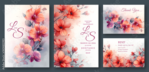 Elegant red floral art wedding invitation template design, Luxury invitation card background, floral texture, blooming art, Hand drawn texture design, invitation, abstract background, cover template