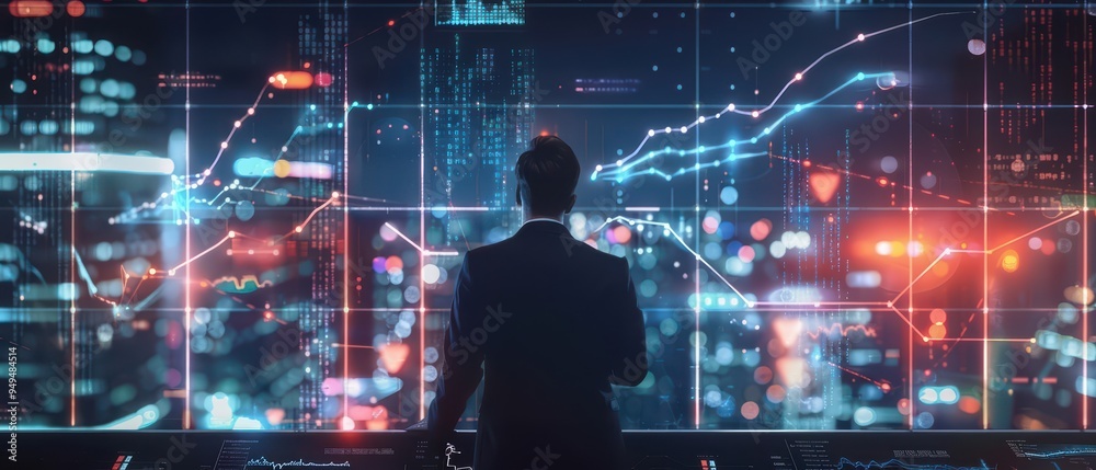 Executive in formal attire illustrating abstract economic data with glowing lines and geometric patterns in a virtual environment Executive in formal attire illustrating abstract economic data with glowing lines and geometric patterns in a virtual environment