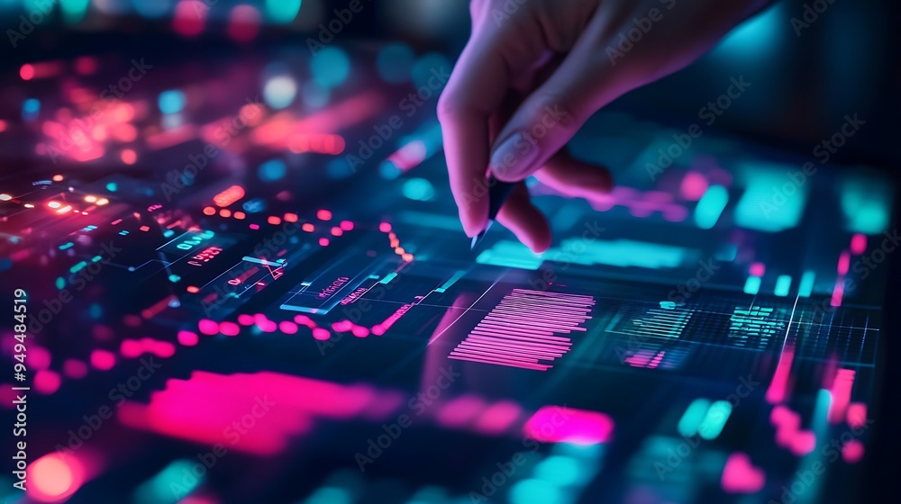 Data Analysis with Neon Lights: A Close-Up of a Hand Interacting with a Digital Interface Data Analysis with Neon Lights: A Close-Up of a Hand Interacting with a Digital Interface