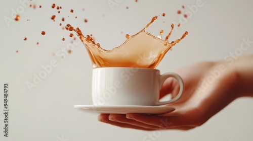 A person's hand holding a white cup and saucer with coffee splashing out, captured mid-motion against a neutral background.