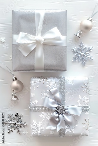 Elegant silver and white wrapped gifts with delicate bows on a white background. Snowflake decorations and tiny bells. Top view with space for text.